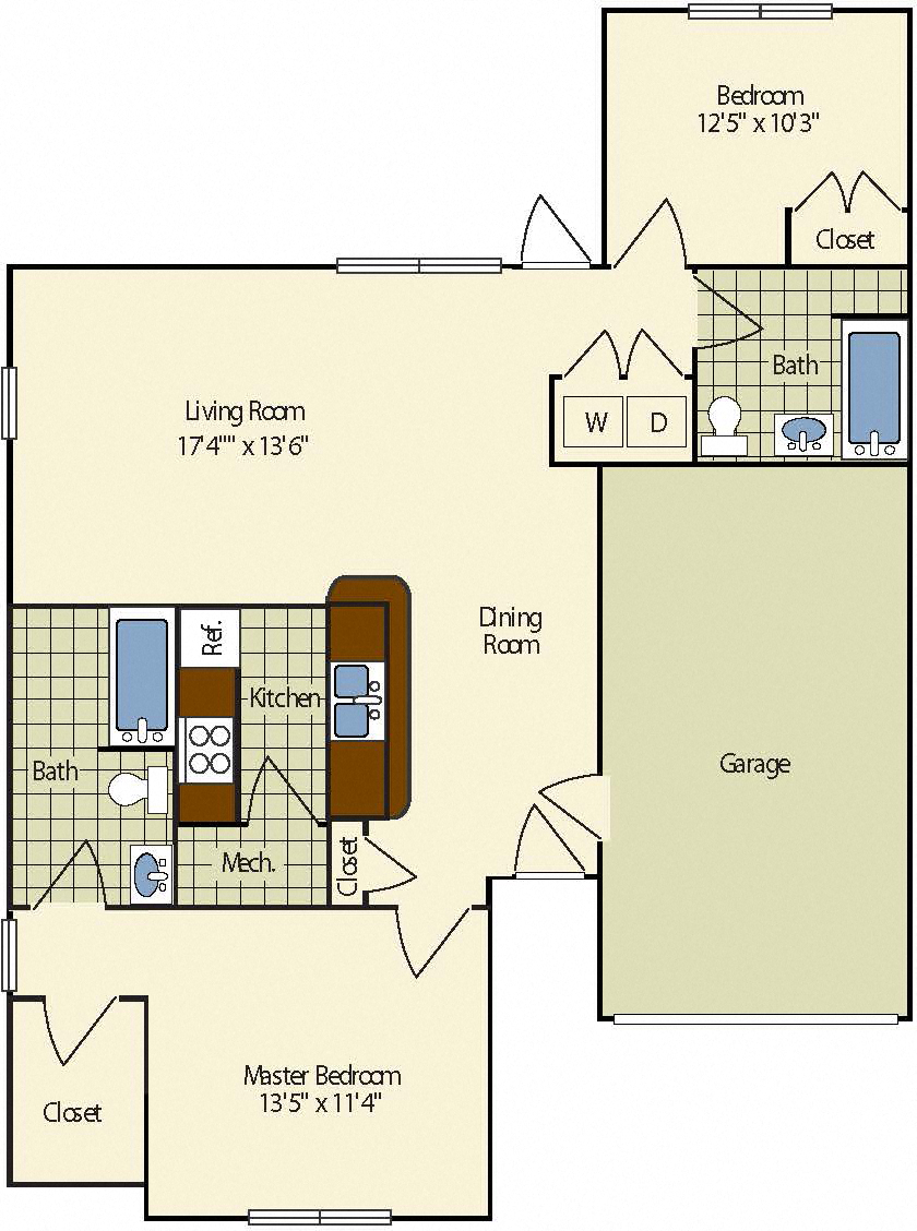 Floor plan for 2 beds, 2 baths, 1332 sqft